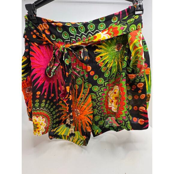 Junglee Billee Boho Black Multicolor Embroidered Shorts w/ Beaded Tie - Picture 8 of 10